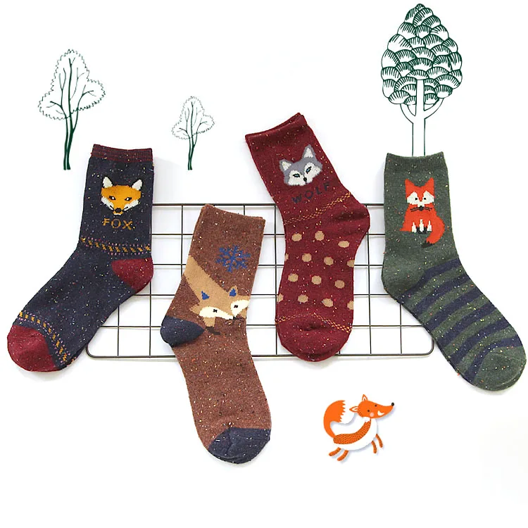 1Pair/lot Lovely Fox Wolf Striped 3D Socks Spring Winter Style Creative Cute Women Cotton Socks Fox Girls Calcetines Meias