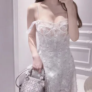 

High Quality White Party Dress Runway Designer 2019 Ladies Sexy Spaghetti Strap Diamond Midi Dresses Women Wedding Party Clothes