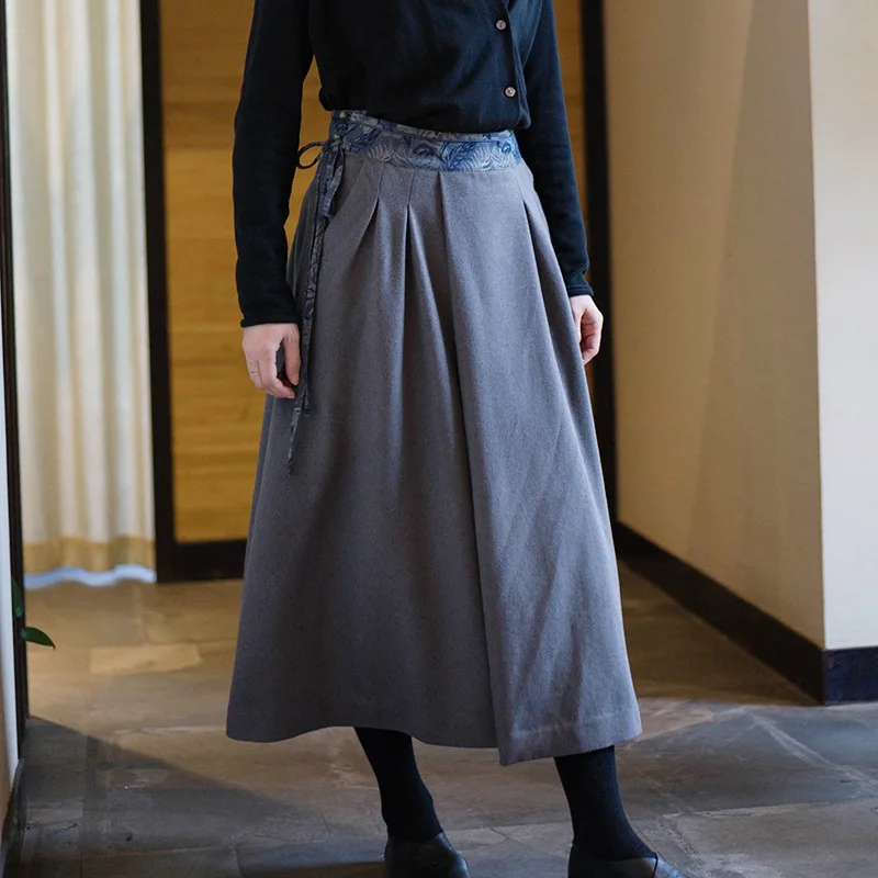 

2019 Winter Skirts Womens Original Retro Woollen Skirt Longuette Waist Splicing Pleat A-line Skirt Black Skirt D844