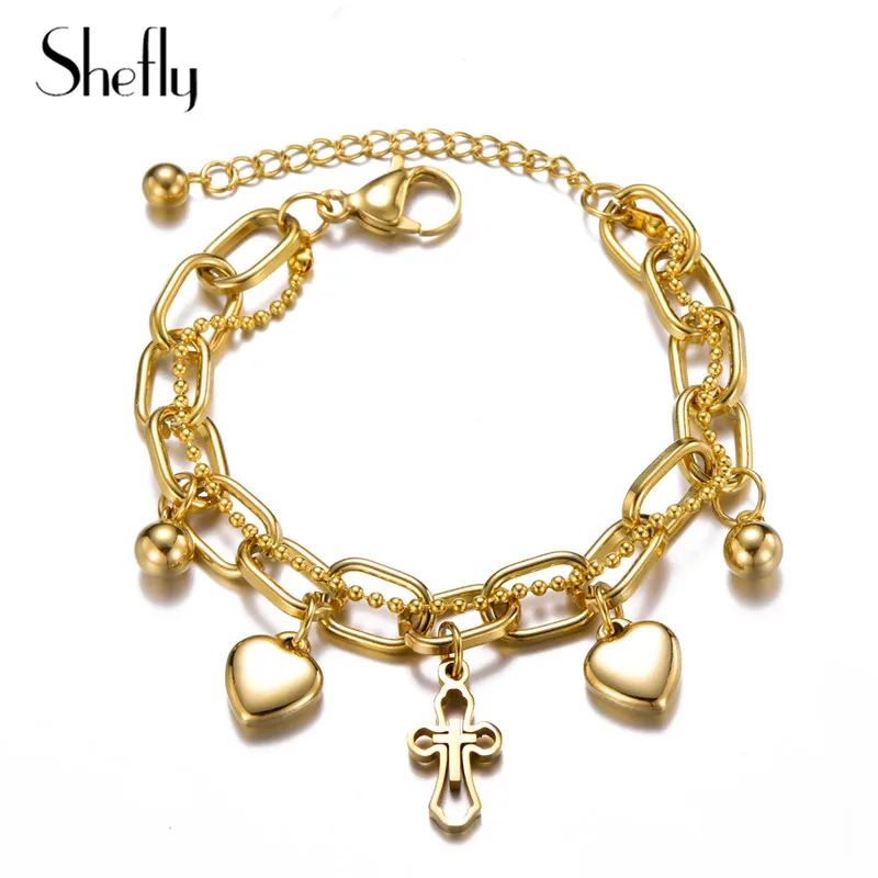 

Stainless Steel Cross Hearts Beads Charm Bracelet Gold Multilayer Link Chain Statement Jewelry Bracelet Bracciali Donna 2019 New