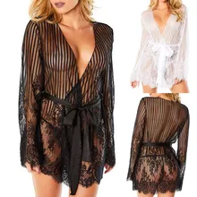 Женский сексуальный взрослый Халат с v-образным вырезом Летний ночной халат кружевной полосатый сетчатый пояс плюс размер Wimen Sleep пляжная Ночная Пижама для спа Повседневная