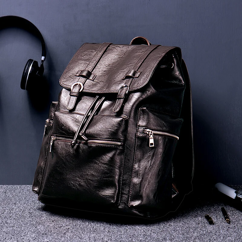 

PURANI USB Charge Port Backpack Solid High Quality Leather Bagpack Men Back packs Shoulder Bag Schoolbag Computer Travel bags