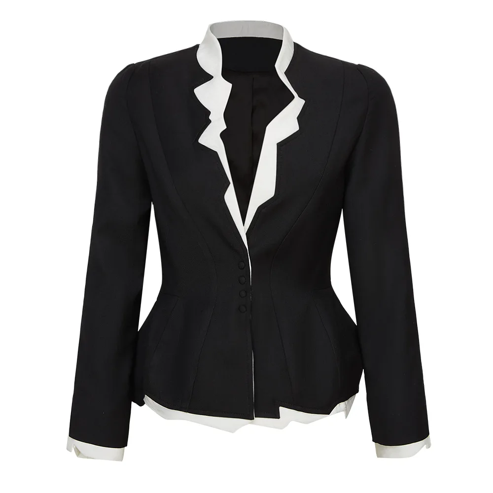 2019 Women's Spring and Summer New OL Black and White Serrated Edge Shoulder Padded Waist Suit Small Jacket Patchwork Coat