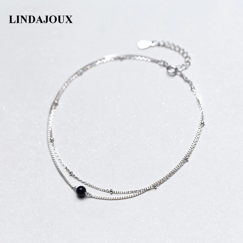 

LINDAJOUX 925 Sterling Silver Dual Layers Black Beads Charm Chain Anklet For Women S925 Ankle Chain Bracelet Adjustable Length