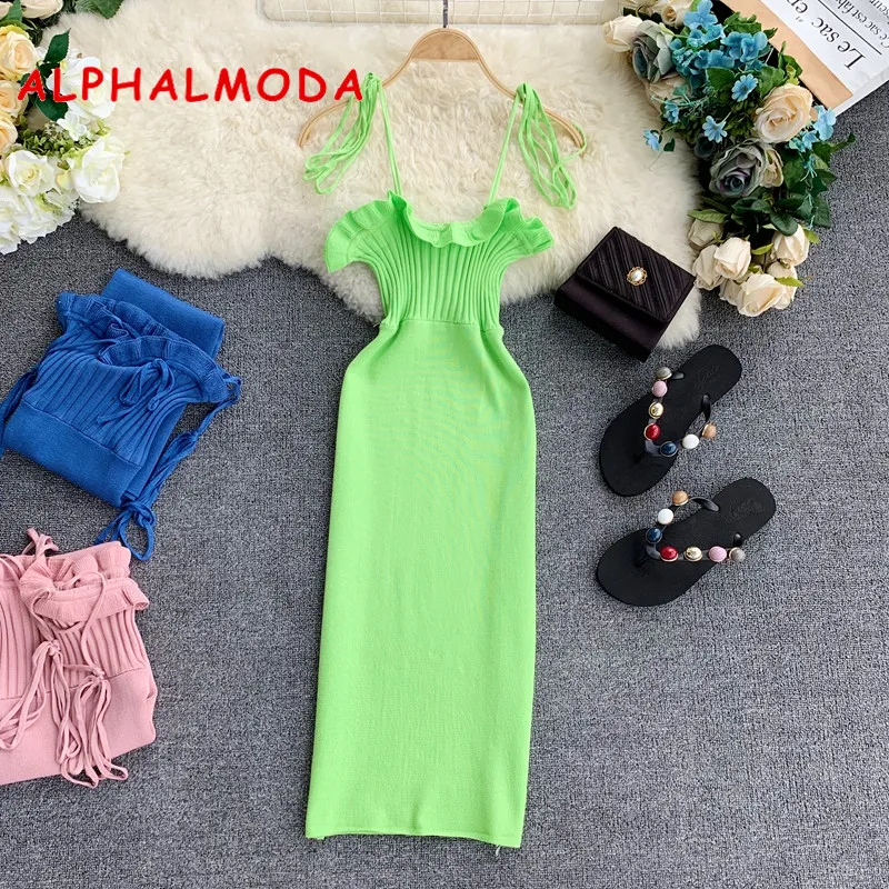 

ALPHALMODA Japanese Sweet Knitted Dress Ruffled Trim High Waist Women Sexy Suspender Beach Holiday Knit Vestidos Candy Color