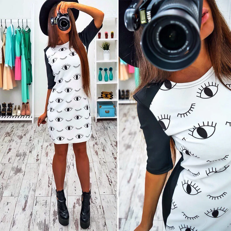 

Round Neck Geometry Cartoon Eye Print 7 Points Sleeve Dress Europe and America 2018 Summer Popular Women Tops
