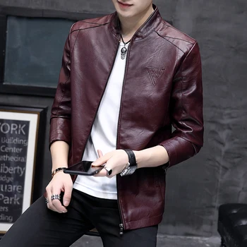 

2019 New Fall Casual Fashion Leather Jacket PU Men's Leather Casual Slim Zipper Door Front Leather Coat