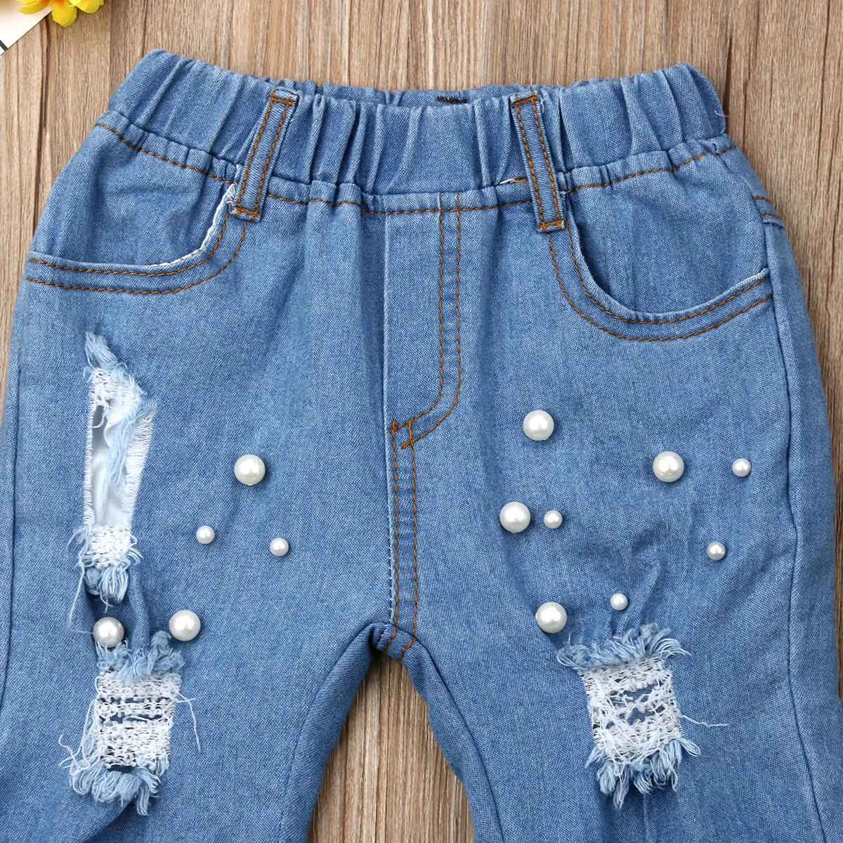 Детские летние повседневные рваные джинсы для маленьких девочек джинсовые штаны эластичные брюки