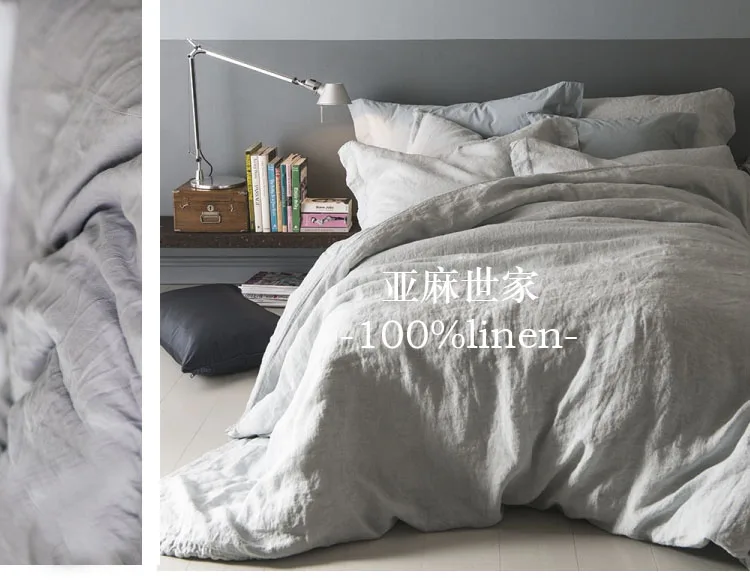 Clearance Set of 4 Pre stone washed 100% Natural Linen Medium grey bedding set 1 duvet cover + 2 pillowcases + 1fitted sheet 6