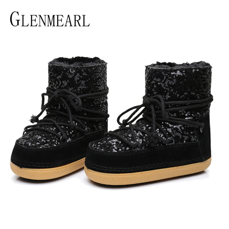 Brand Women Winter Snow Boots Ankle Warm Fur Shoes Female Platform Non Slip Bling Boot Woman Round Toe Plus Size Ladies Shoe DE Women's Shoes