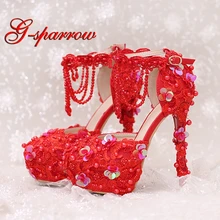 Новая модель туфель на высоком каблуке с ремешком белые и красные кружево туфли к свадебному платью красивые ремешки с бисером свадебные туфли вечерние туфли туфли на выпускной бал
