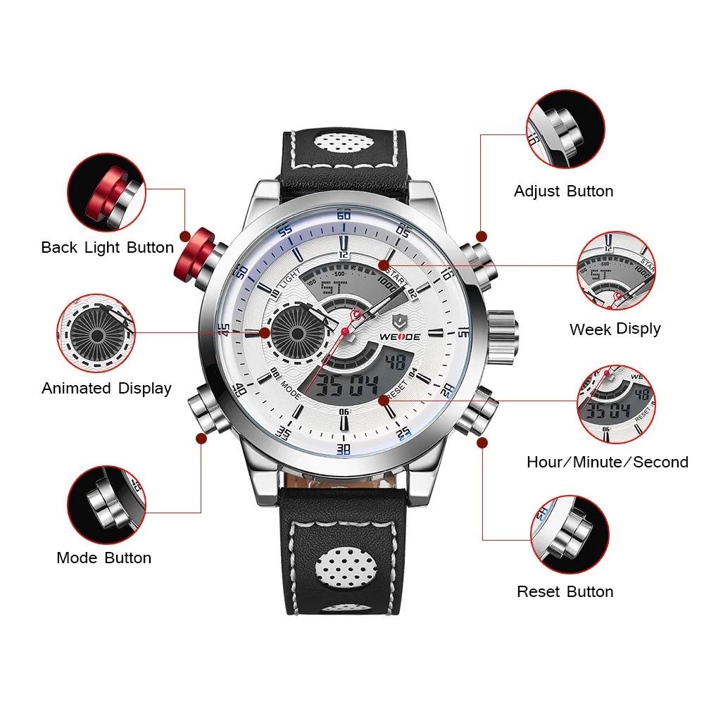 WEIDE Military Watches Men Luxury Brand Alarm Clock Japan Quartz Leather Strap Analog Digital Diving Men Wristwatch