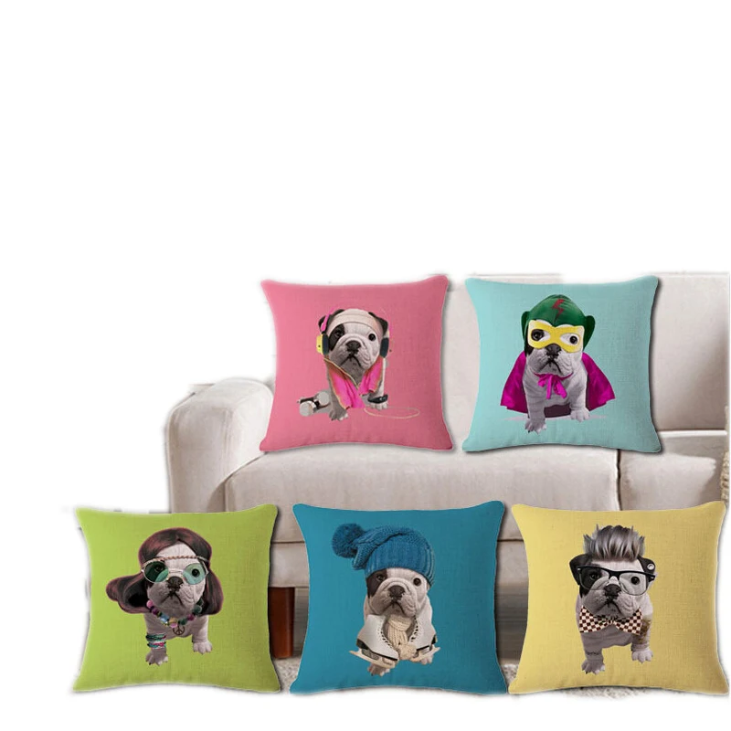 

45X45CM Bulldog Pillow Covers Red Green Yellow Blue Linen Pillow Case Christmas Line Pillowcase