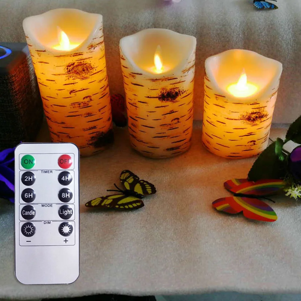 

Set Of 3 Pillar Festival With Remote Timer Candle Lamp Flameless Party Decor Birch Bark Battery Powered Flickering Led Real Wax