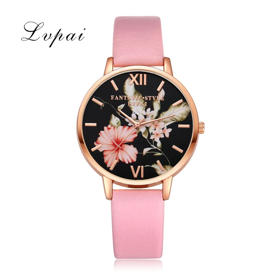 Lvpai Brand Women Bracelet Watch Fashion Rose Gold Flowers Leather Simple Women Dress Watches Luxury Business Clock Watch