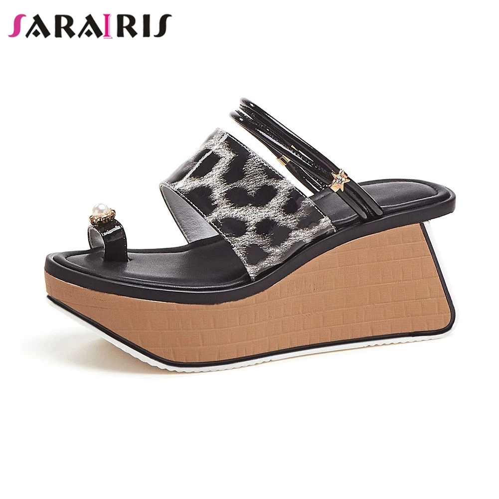 

SARAIRIS Brand New Leopard women's Genuine Leather Ladies Wedges High Platform Shoes Woman Casual Party Summer Slippers