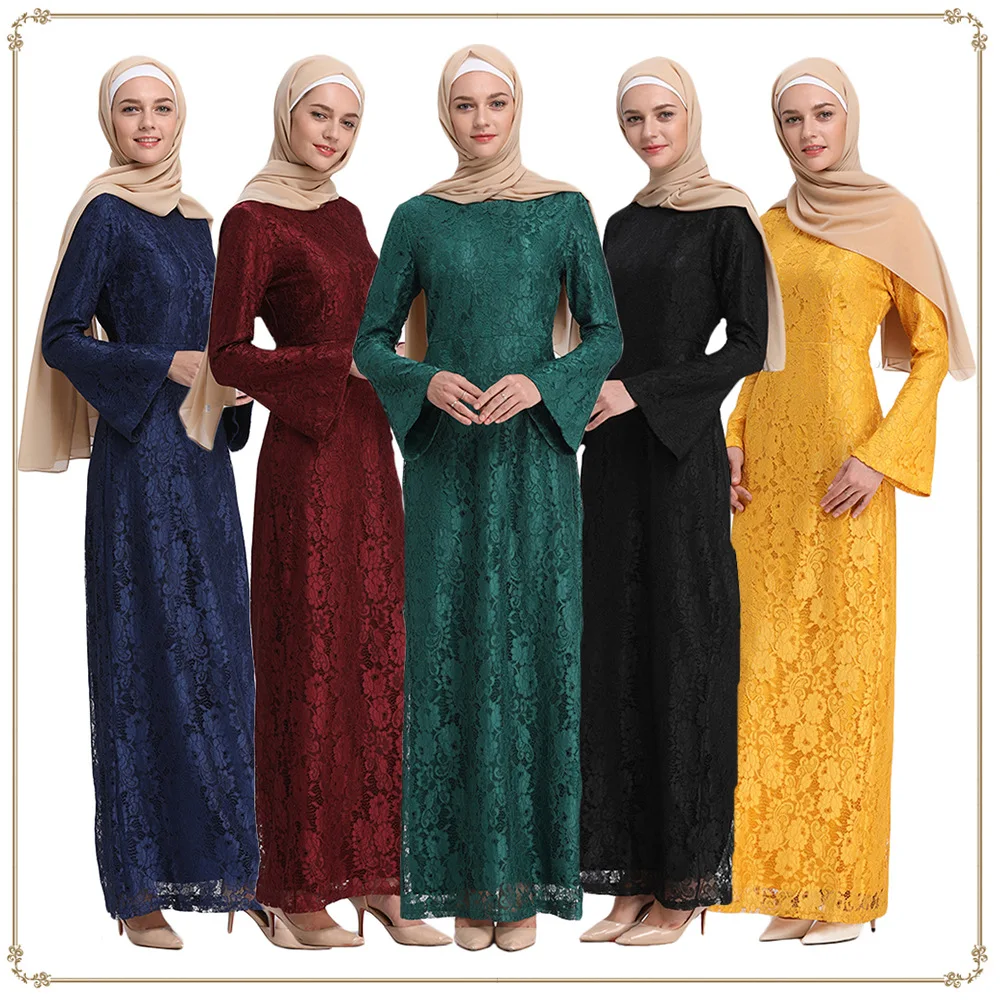 

Abaya Dubai Trumpet Sleeve Slim Lace Muslim Dress Tesettur Elbise Caftan Marocain Arab Women Robe Femme Party Hijab Eid Dresses