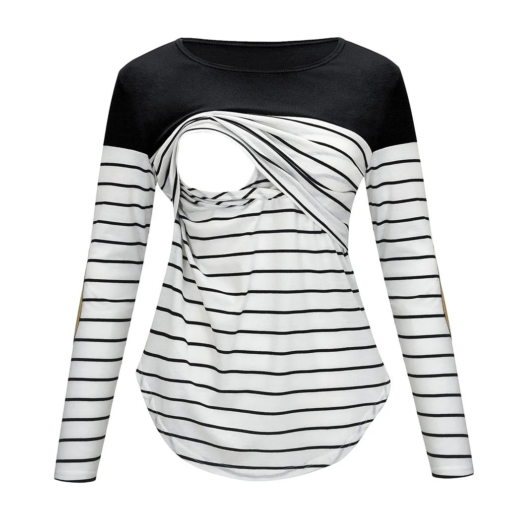 

Maternity top Women Long Sleeve Striped Nursing Tops T-shirt For Breastfeeding(black )