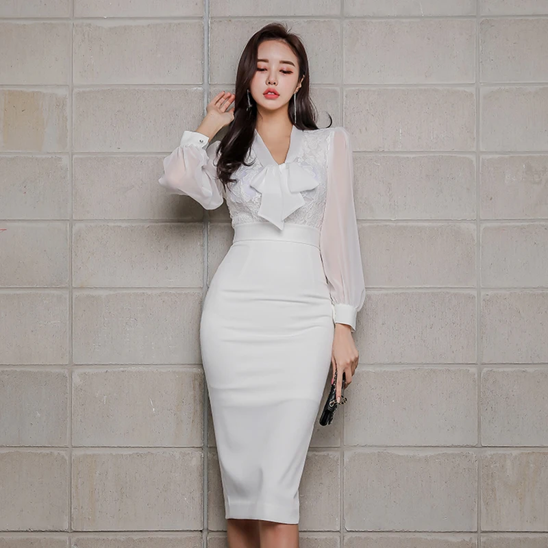 

HAMALIEL Business Long Sleeve White Dress Summer Women Lace Patchwork Mesh Pencil Dress Fashion Bow Female Bodycon Office Dress