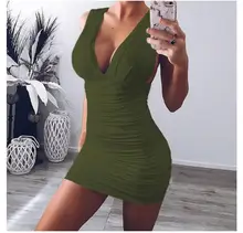 Women V Neck Sleeveless Backless Sexy Bodycon Club Party Dress Female Mini Wrinkled Casual Summer Dress sexy round neck sleeveless backless bodycon dress for women