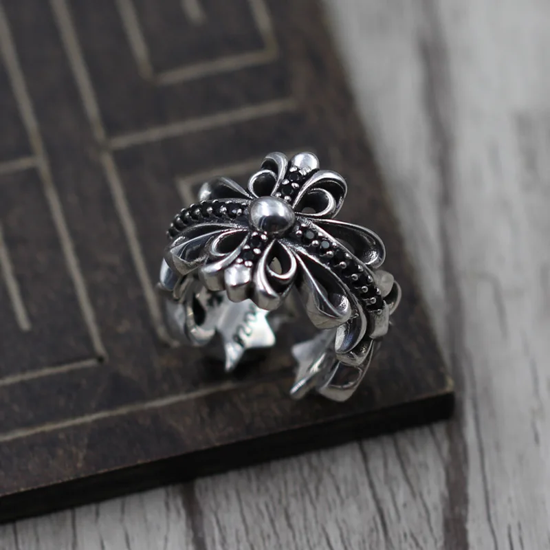 

Sterling Silver 925 Personality Retro Cross Army Flower Inlaid Ring Thai Silver Couple Models Open Ring