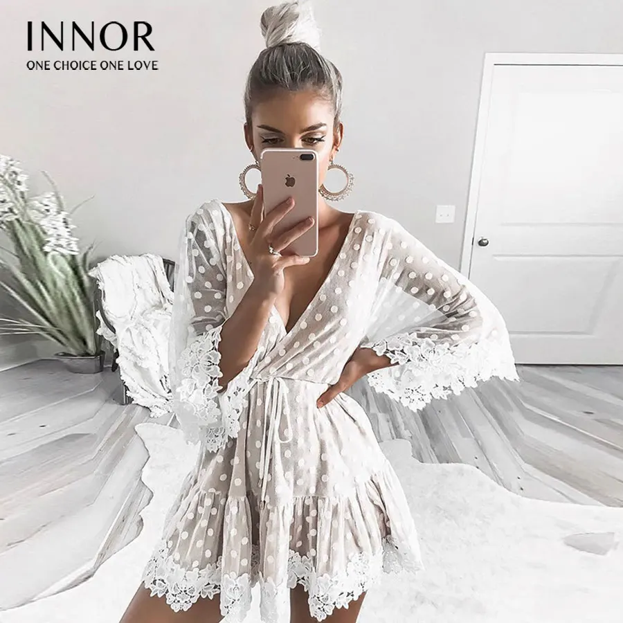 

White Lace Dot Women Mini Dresses 2018 Summer Sexy V Neck Party Beach Mesh Dress Backless flare Sleeve Vestidos#403