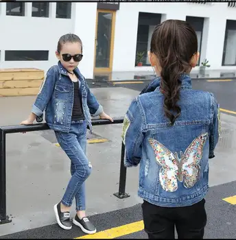 

Girls denim jacket 2018 spring and autumn Korean version of the new sequins butterfly beauty pearl digital print jacket