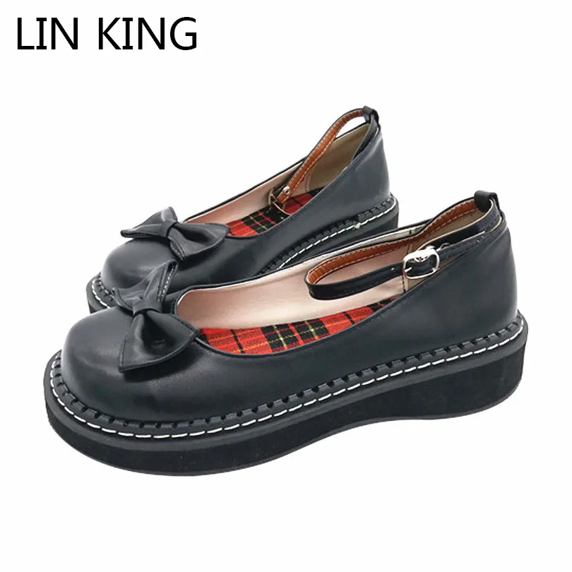 

LIN KING Sweet Spring Autumn Mary Janes Women Pumps Casual Bow Knot Lolita Wedding Party Pumps Solid Lady Wedges Platform Shoes