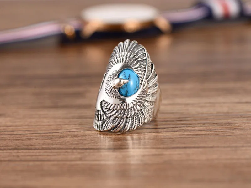Настоящее серебро 925 пробы кольцо с натуральная бирюза ручной резной Орел Кольца Крылья для унисекс тайские серебряные ювелирные изделия