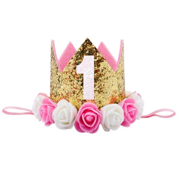 

Girls Birthday Headband Princess Baby Girl Hair Bands Elastic Crown Head Wear Flower Sequins Hairband Party Hat Hair Accessories