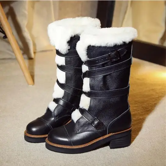 

2016 Winter New Arrivals Warm Snow Women Boots Platform Mid Calf Shoes Genuine Leather Black Boots British Platform Riding Boots