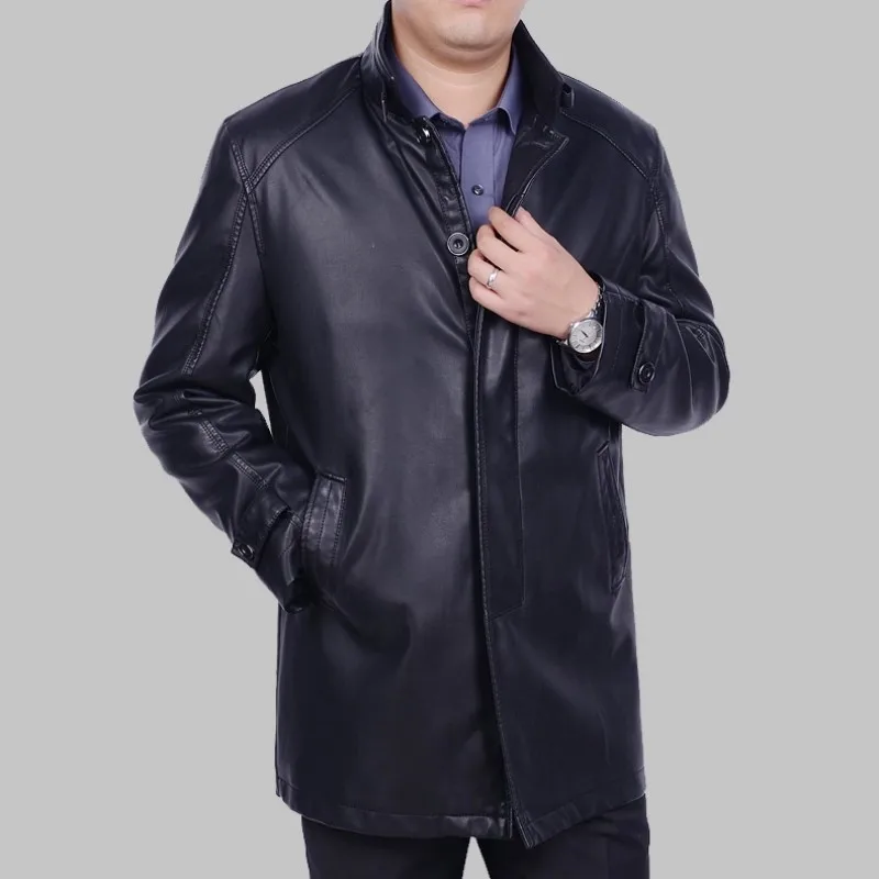 Korean Men's Autumn Winter Plus Size M-4XL Faux Leather Jacket Men Long Business Casual Jackets Male Leather Coat Trench Clothes