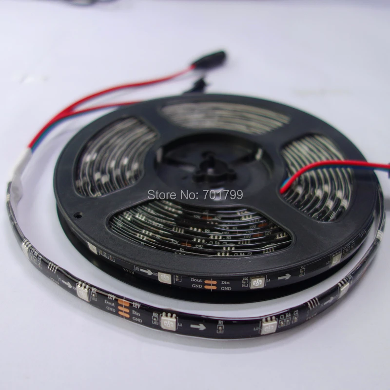 

BLACK PCB 5m DC12V 30leds/m 10pcs ws2811 ic/meter(10pixels) led digital strip;IP65;waterproof in silicon coating