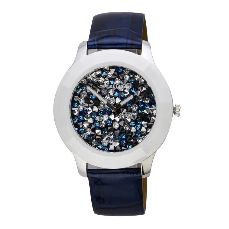 Европейские популярные ЖЕНСКИЕ НАРЯДНЫЕ часы больших размеров, роскошные кожаные Наручные часы MELISSA с кристаллами и керамической рамкой, Relojes Femme F11340