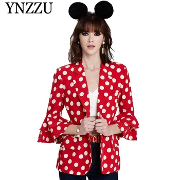 

European Style 2019 Spring Dot Print Red Women Blazers and Jackets Flare Sleeve Slim Blazer Coat Women blazer feminino AO860