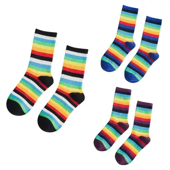 Unisex Teens Contrast Color Rainbow Striped Crew Socks Harajuku Hip-Hop Sports Streetwear Hipster Retro Cotton Long Tube Hosiery contrast trim hipster boxer briefs