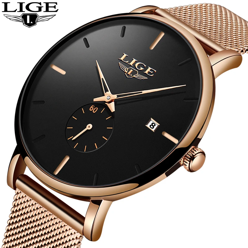 

2019 New LIGE Gold Casual Mesh Belt Fashion Quartz Gold Watch Mens Watches Top Brand Luxury Waterproof Clock Relogio Masculino
