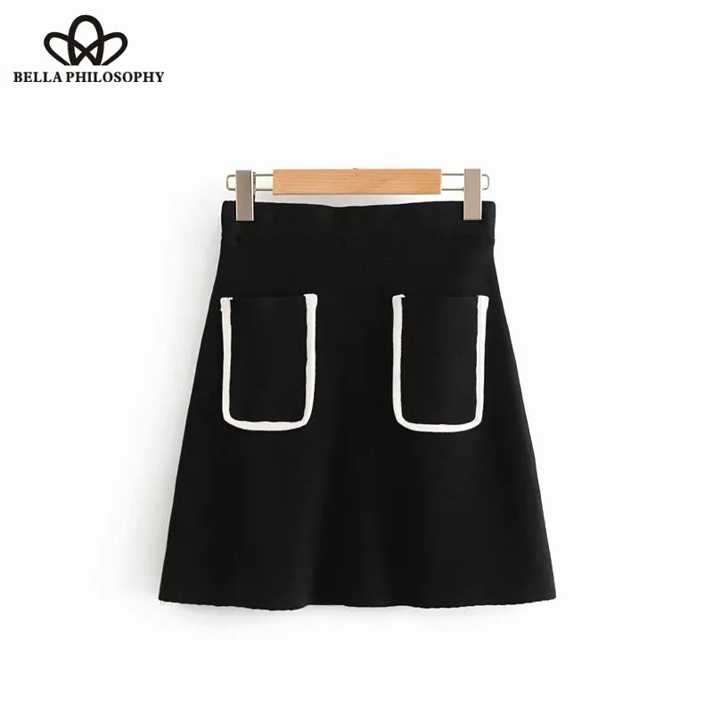 Wonder 2018 new autumn Vintage black white color matching knitting mini pencil skirt ladies pocket chic skirt business skirts
