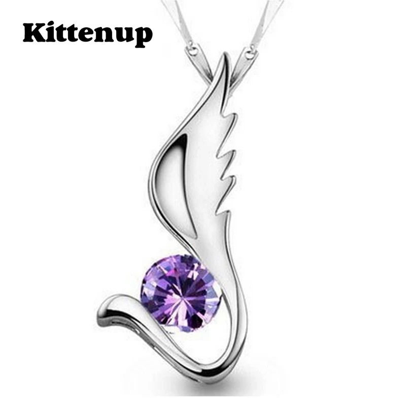 Kittenup Silver Color Water-wave chain Fashion White Purple Rhinestone Angel wing pendant Necklace for women jewelry | Украшения и