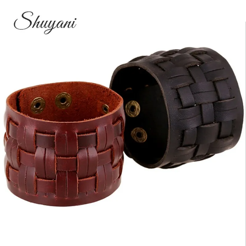 

Wide Genuine Leather Cuff Wrap Bangles Punk Rock Vintage Mens Bracelets Double Studded Leather Braided Bracelet Surfer Jewelry