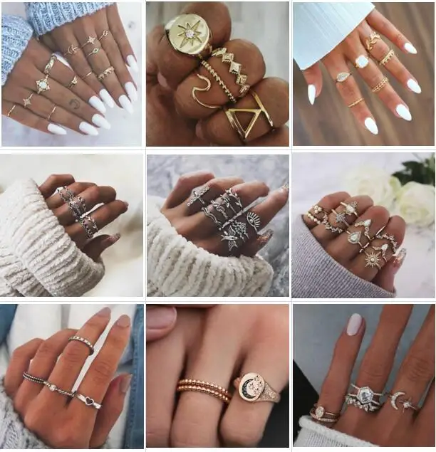 

HuaTang Fashion Star Moon Crystal Midi Knuckle Rings Set for Women Gold Color Carving Geometric Wave Rings Party Jewelry Anillos