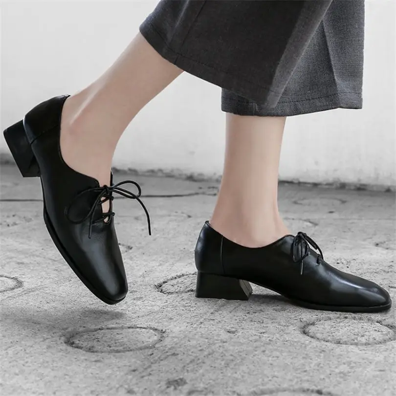 

NAYIDUYUN Women Oxfords Lace Up Genuine Leather Square Toe Work Boots Shallow Low Heel Party Pumps Office Shoes Casual Shoes