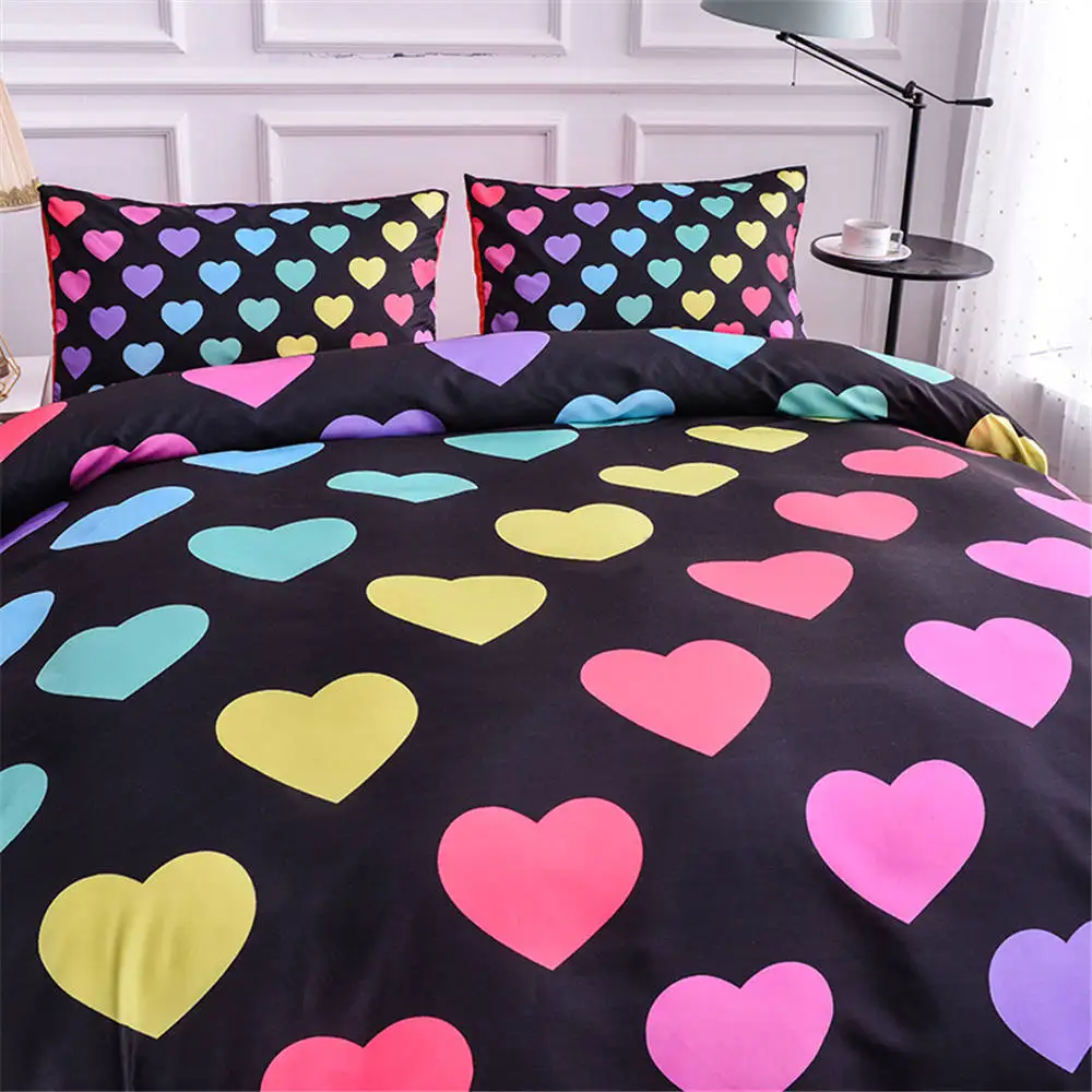 ZEIMON Soft Home Textiles 2/3pcs Bedding Set Colorful Hearts 3D Printing Room Decor Duvet Cover Pillowcase Bed Set Black