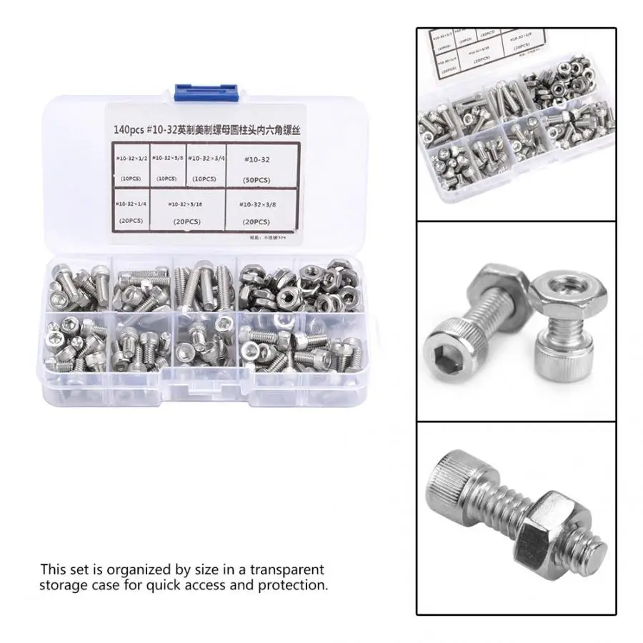 Parafuso inox 140 шт. #10 32 шестигранные болты с шестигранной головкой из нержавеющей