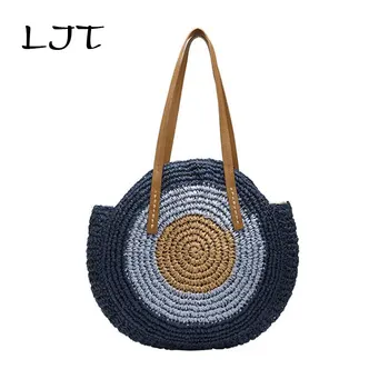 

LJT Handmade Woven Round Women Shoulder Bag Bohemian Summer Straw Beach Handbag for Girls 2019 Large-capacity Tote bolso mujer