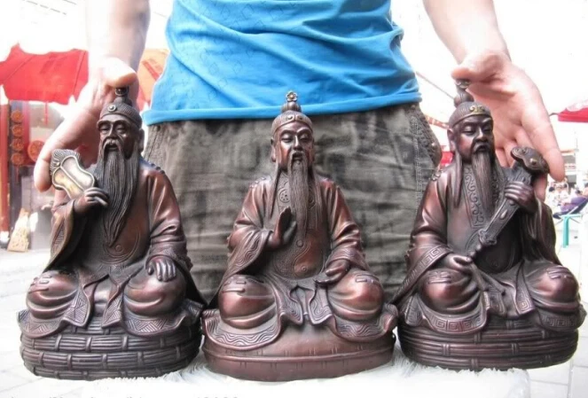 

free 10"China Taoism Red Bronze Copper Refined God Three Qing Taoist statue Set fast