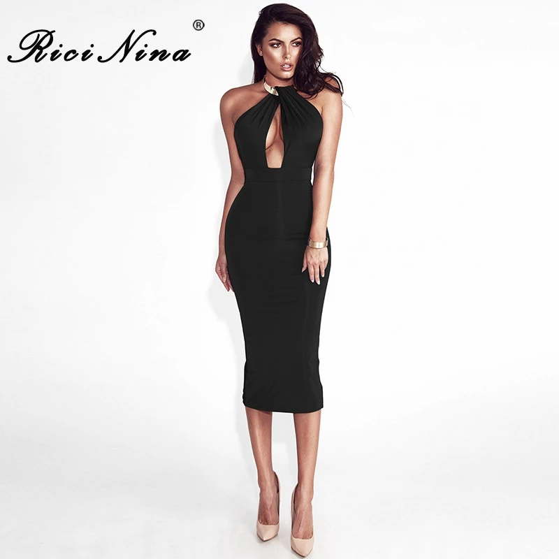 RICININA New Summer Dress Women Halter Sleeveless Backless Mid-Calf Slim Sexy Bodycon Dress Lady Party Bandage Dresses Vestidos
