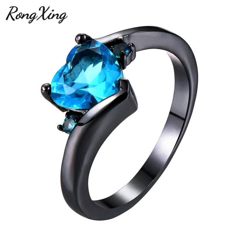 

RongXing New Chic Ocean Blue Heart Rings For Women Black Gold Filled Engagement Jewelry AAA Zircon Birthstone Finger Ring RB1359
