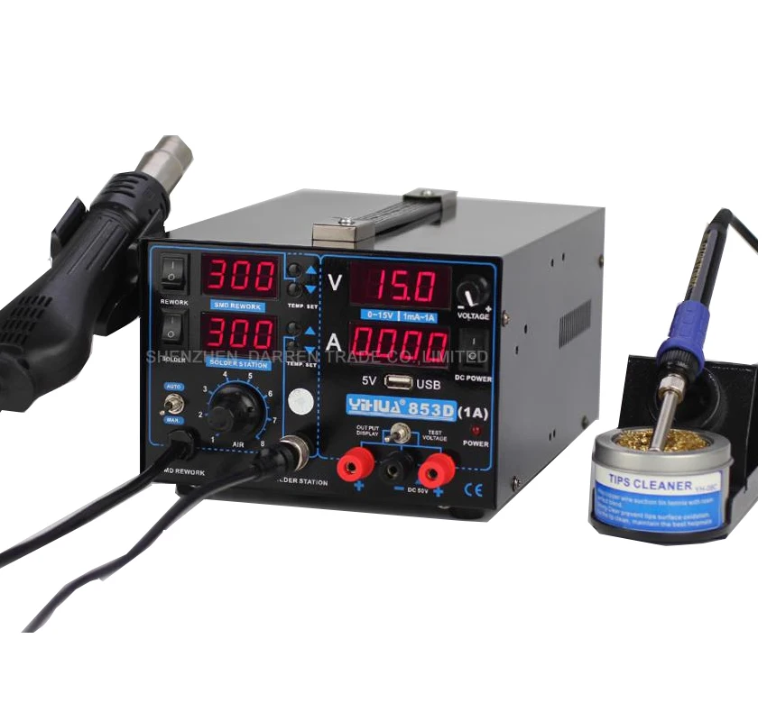 

Free by DHL 110V/220V YIHUA 853D 1A 1pc repair soldering station hot air gun solde iron Soldering Station with English Manual