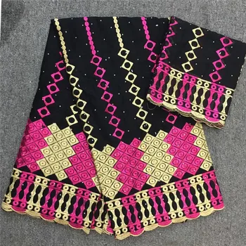 

100% cotton double-colors International chess pattern 7 yards Swiss Voile Lace with stones HLS32 High quality Cotton Lace Fabric
